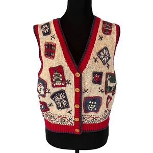 Talbots Petites Vintage Christmas Patchwork Knit Sweater Vest Oatmeal PS Retro